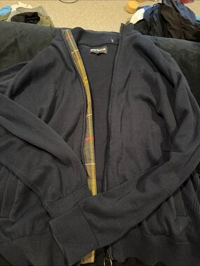 Barbour Navy Zip Sweater with Yellow Plaid Trim